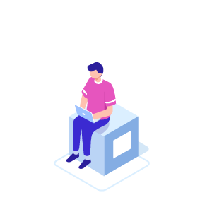 Isometrische Darstellung: Mann im sitzt mit Laptop auf Box